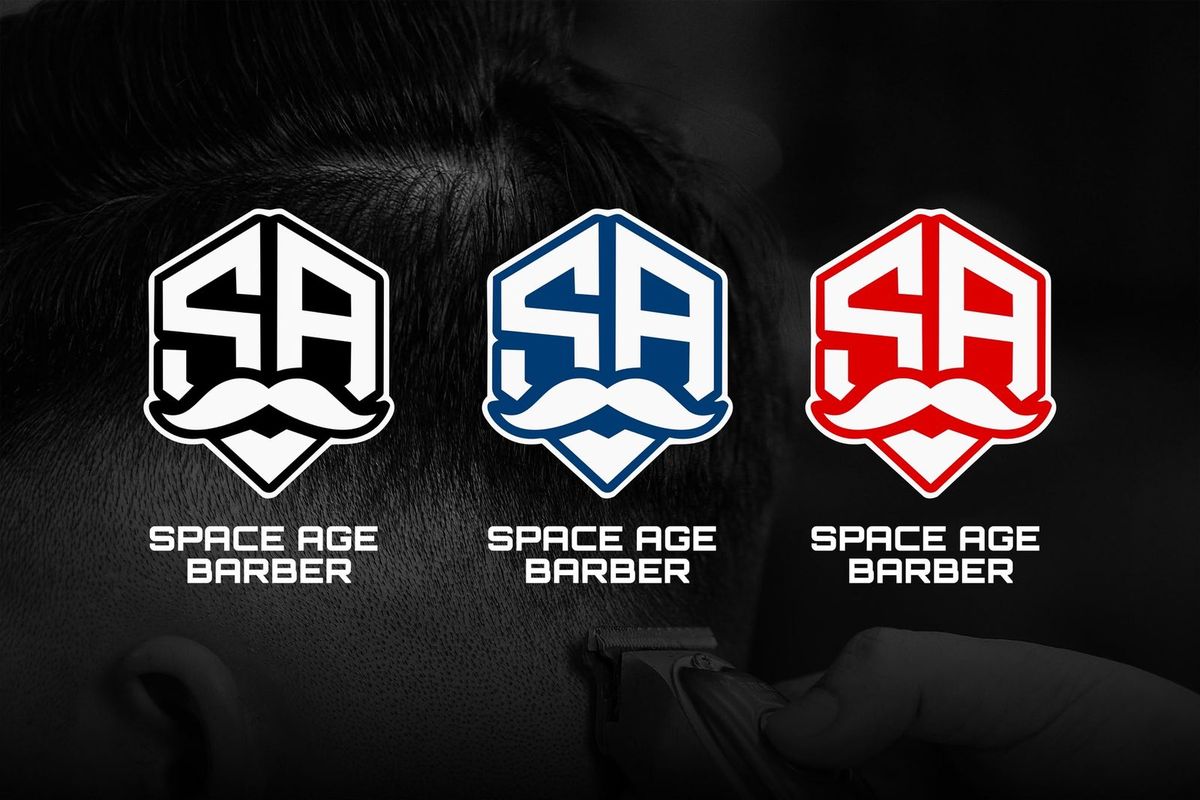 The Space Age Barber shield in white, blue and red